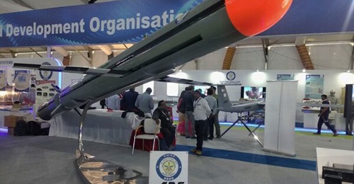 India's Nirbhay cruise missile, displayed above at Defexpo 2020 in Lucknow, will be equipped with small turbofan engines, enhanced radio frequency seekers, and other subsystems to transform it into the proposed Long-Range Land Attack Cruise Missile.