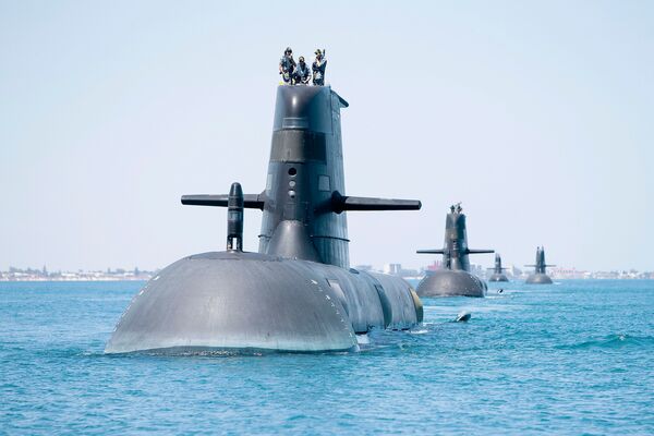 
        RAN Collins-class submarines HMAS 
        Collins
        , HMAS 
        Farncomb
        , HMAS 
        Dechaineux,
         and HMAS
         Sheean
         in formation while transiting through Cockburn Sound, Western Australia, in February 2019. All six of the RAN's Collins-class boats will undergo major life-of-type extensions.
       (Commonwealth of Australia)