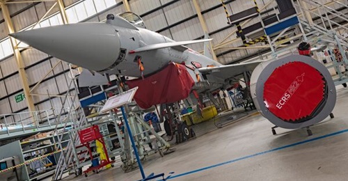 The Leonardo ECRS Mk 2 radar seen next to the Eurofighter test aircraft ZK355/BS116. The combination is expected to fly for the first time in 2024.