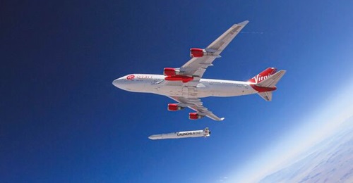Virgin Orbit's Boeing 747-400 carrier aircraft releases its LauncherOne rocket during a 2019 test.
