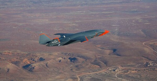 The MQ-28 Ghost Bat prototype aircraft in flight over Woomera, South Australia.