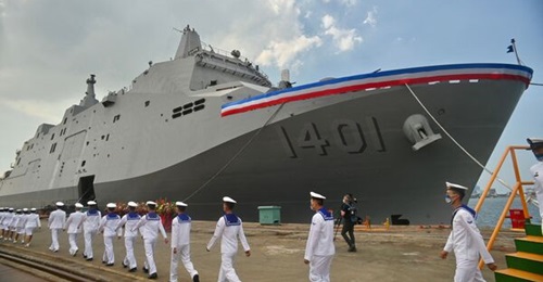 Taiwanese navy soldiers walk by 
        
         during its handover ceremony in Kaohsiung City on 30 September 2022. The ship was commissioned on 19 June 2023.