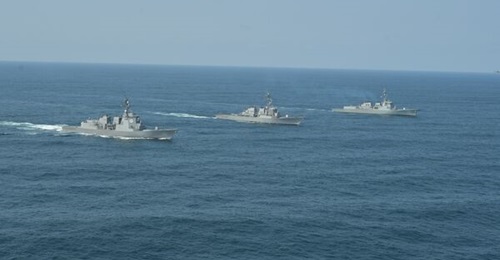 JS Atago, USS Benfold, and ROKS Yulgok Yi seen here conducting a trilateral BMD exercise in the Sea of Japan.