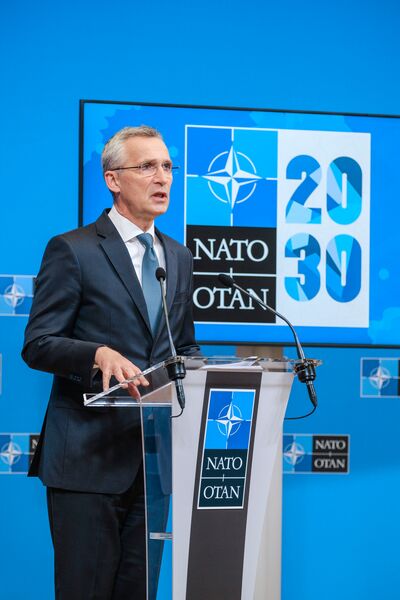 NATO Secretary-General Jens Stoltenberg holds a press conference at alliance headquarters in Brussels on 1 June. (NATO)