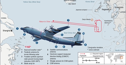 Japan began tracking the Chinese Shaanxi Y-9Z special mission aircraft as it flew towards Japan over the East China Sea. The aircraft subsequently breached Japanese airspace off the Danjo Islands while circling the waters off Nagasaki Prefecture.