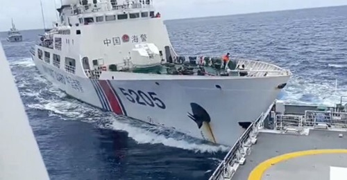A screen-grab from a video released by the Philippine Coast Guard, showing a China Coast Guard vessel colliding into BRP 
        
         on 31 August 2024.