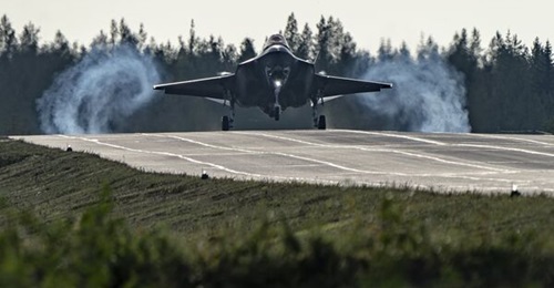One of a pair of US Air Force F-35As touches down on a roadway in Finland, marking a first for the type in United States service.