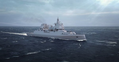 A concept graphic of thyssenkrupp Marine Systems' MEKO A-400 AMD frigate design, which the company wants to be adopted as the German Navy's Type 127 air-defence frigate.