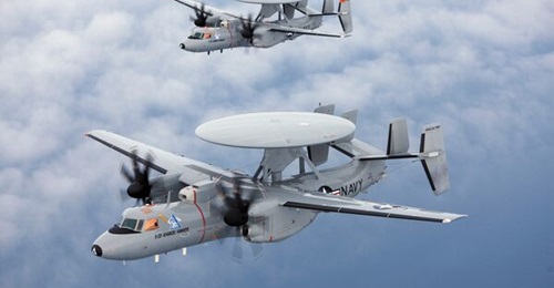 Two of Northrop Grumman's E2-D Advanced Hawkeye AEW&C aircraft in service with the US Navy.