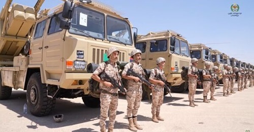 A still from a video released on 23 July 2024 shows Norinco SR5 multiple rocket launchers at the base of Jordan's 28th Royal Launchers Battalion.