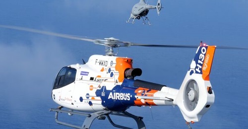 A manned H130 helicopter takes control of an unmanned VSR700 rotary-winged UAV during MUM-T trials under the European MUSHER project.