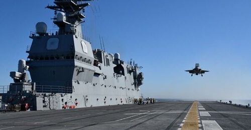 An F-35B operated by the USMC seen here landing on JS 
        
         for the first time.