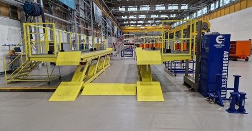 A view of part of the Rheinmetall BAE Systems Land Boxer production line in Telford showing the lifting ramp used towards the end of the production process to check wheel alignment and install the vehicles' powerpacks.