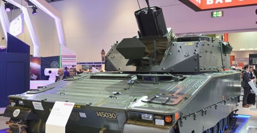Mjölner 120 mm armoured mortar vehicle at DSEI 2019.