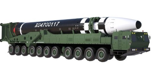 North Korea launched its new Hwaseong-19 ICBM on 31 October using an 11-axle TEL, similar to the TELs from which it launched the Hwaseong-16 and Hwaseong-17 ICBMs in 2022 and 2023. The render above shows the 11-axle TEL carrying the Hwaseong-16.