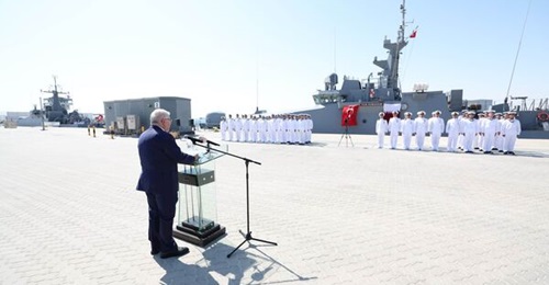 Turkish Minister of National Defense Yasar Güler addresses the crews of TCG 
        
        and TCG 
        
        at Qatar's Umm al-Houl Naval Base.