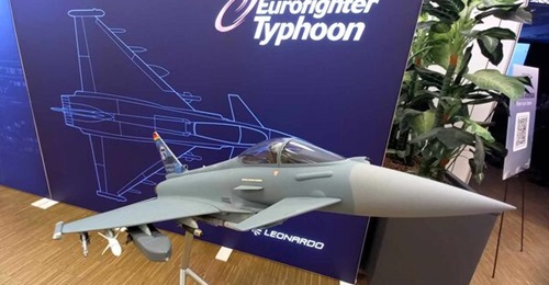 A model of the Eurofighter displayed at the International Fighter Conference 2024 in Berlin. The consortium is now in the final stages of closing out a follow-on Halcon II buy with Spain, as it looks to chase down further global sales opportunities.