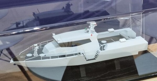 A model of Israel Shipyards' Mini Shaldag fast patrol craft seen at Euronaval 2024.
