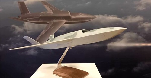 A model of the General Atomics Gambit 'loyal wingman' (CCA) displayed at the IQPC International Fighter Conference 2024 in Berlin. Poland is seeking a similar capability under its Harpy's Talon requirement.