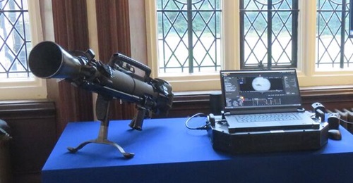 The Saab Carl-Gustav Mark 4 Indoor Trainer showing the replica weapon and the accompanying laptop, displayed by Saab in the UK on 5 November 2024.