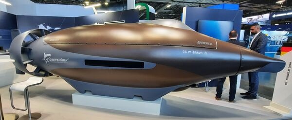 A full-scale model of Euroatlas' Greyshark AUV on display at Euronaval 2024.