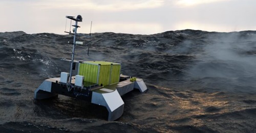 A computer rendering of the ACUA Ocean Pioneer USV with a TEU payload in heavy seas.