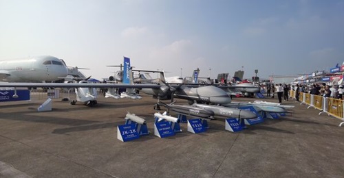 The twin-engine Scorpion B drone on display at Airshow China 2024 in Zhuhai on 12 November 2024.