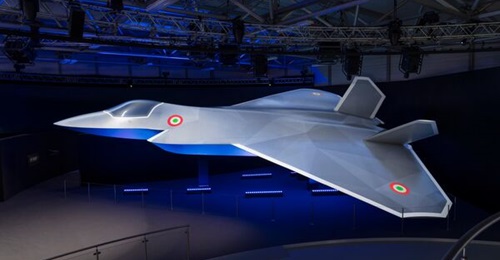 A model of the latest GCAP concept, shown at the Farnborough International Airshow with the colours of the Italian Air Force projected onto the airframe.