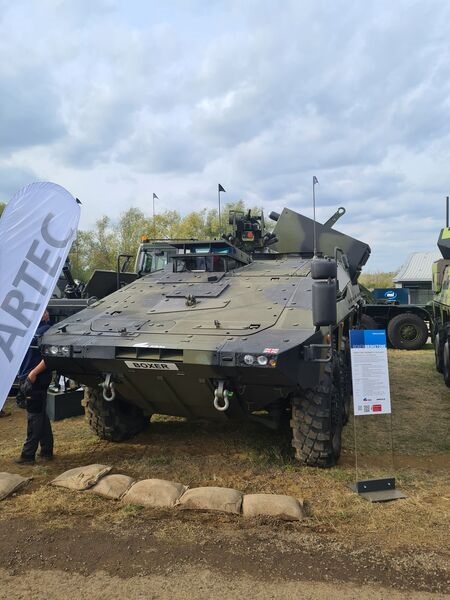 Boxer Overwatch variant concept demonstrator fitted with a launcher for eight Brimstone missiles on display at Defence Vehicle Dynamics (DVD) 2022.