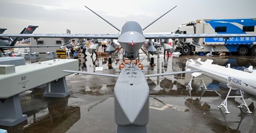 AVIC's Wing Loong-X unmanned combat aerial vehicle (UCAV), with potentially compatible weaponry, is displayed at Airshow China 2024 at Zhuhai on 13 November 2024.