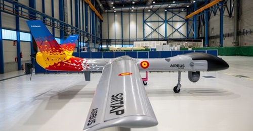 A mock-up of the SIRTAP UAV at the site of the new production line at Getafe in Spain. The Spanish MoD is acquiring 27 air vehicles and two simulators to equip the country's army and air force, with deliveries from 2026.