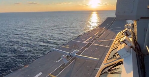 A screenshot from a Baykar video showing the first launch and recovery of the TB3 Bayraktar UCAV from Türkiye's 
        
        aircraft carrier on 19 November.