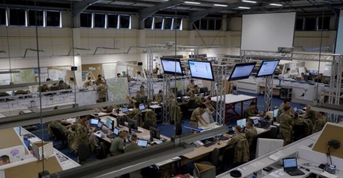 The exercise control floor at the Warminster CAST facility during Exercise 'Cerberus 2020'.