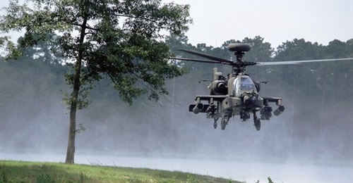 Low flying Boeing AH-64D Apache Longbow.