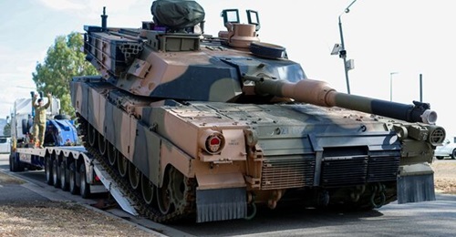An M1A2 Abrams tank arrives at Lavarack Barracks, Townsville, on 14 November 2024.