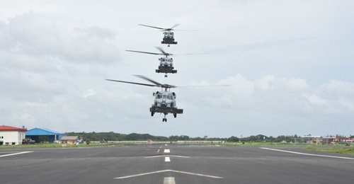 Three Sikorsky MH-60R Seahawks of the Indian Navy in operation in February 2024.