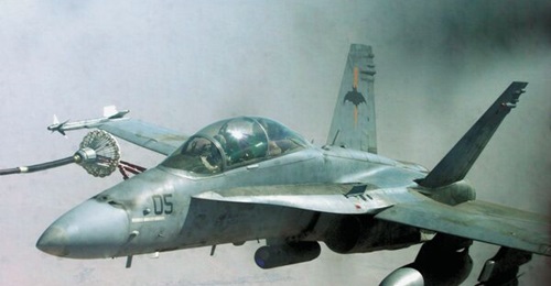 A US Marine Corps F/A-18D carrying centreline Litening advanced targeting pod.