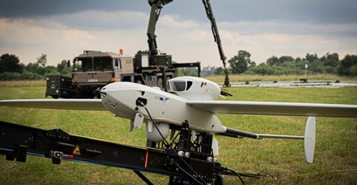 A Rheinmetall Luna NG UAS on display in preparation for the DSEI defence exhibition on 18 September 2023. Luna NG has been sent to Ukraine and will form part of Rheinmetall's operating system partnership with Auterion.