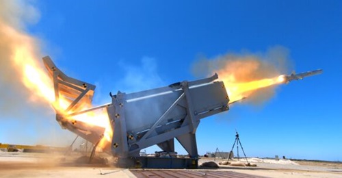 A Kongsberg Naval Strike Missile blast test vehicle is launched from an Australian-built NSM launcher at testing facilities in South Australia.