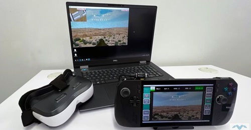 The three key parts of MVRsimulation's FPV-UAV simulator: laptop, handheld controller, and head-mounted display seen at the I/ITSEC exhibition in December 2024.