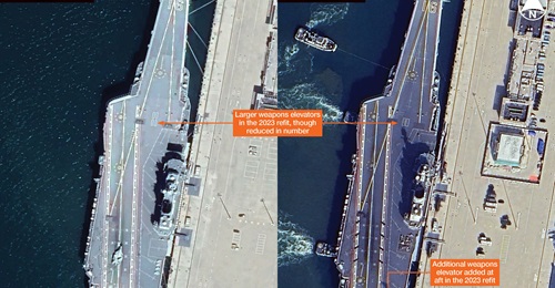 Satellite imagery showing changes to Liaoning's weapons elevators after its 2023 refit.
