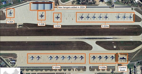 Satellite imagery of Kaifeng Air Base in China's Henan province shows five Xian Y-20B transport aircraft. The Y-20B is powered by the new domestically developed WS20 engine, which potentially has improved thrust and fuel efficiency.