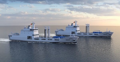 A concept graphic of two Auxiliary Oiler Replenishment and Logistics Support Ships for the Portuguese Navy, released by Turkish shipbuilder STM on announcing winning the contract on 17 December 2024.