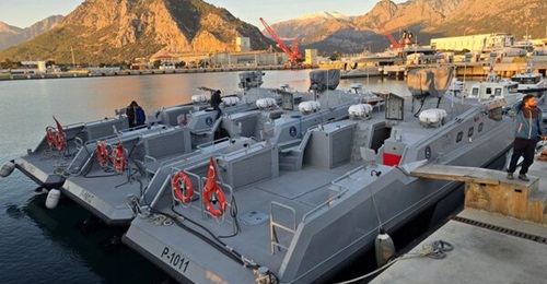 The sterns of Ares Shipyard's three Type 55 SAT fast attack craft, delivered to the Iraqi naval forces in December 2024.