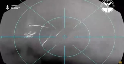 Screenshot from a video published by the Defence Intelligence of Ukraine (also known as HUR) reportedly showing a Russian helicopter in the cross-hairs of a Magura V5 USV.