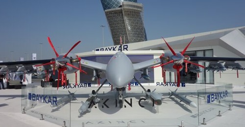 A Baykar Akinci displayed at the IDEX 2023 defence show in Abu Dhabi.