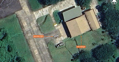 Satellite imagery showing an Aerostar tactical UAV at Supadio Air Base near Pontianak, Indonesia.