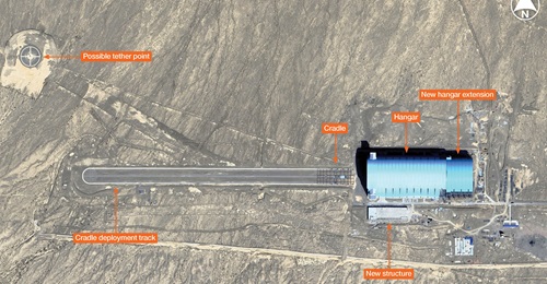 Satellite imagery showing new construction at the aerostat or airship site within Korla Test Range East in China.