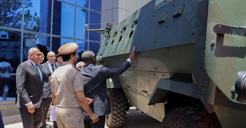 Equatorial Guinea's Vice-President Teodoro Nguema Obiang Mangue is shown a Fahd armoured personnel carrier during a visit to Egypt in June 2024.