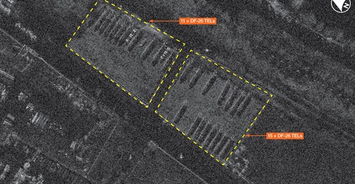 Umbra imagery shows DF-26 IRBM TELs at the Beijing Xinghang Electromechanical Equipment Factory.